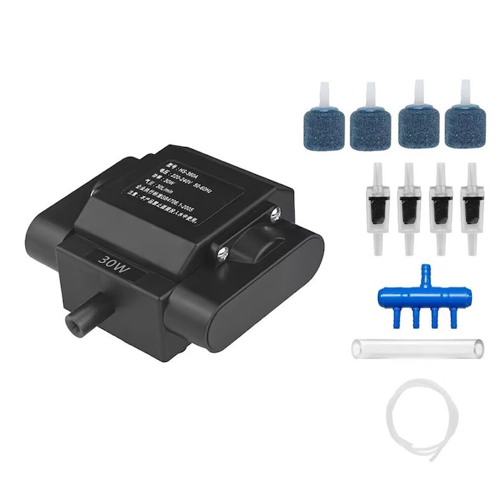 Pompa de aer electromagnetica, Omelivon, 30L/Min, 30W, tehnologie cu piston cu levitatie magnetica, neagra, dimensiuni 115x90x60mm, set cu accesorii cu patru orificii, Negru
