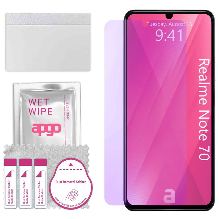 Защитно стъкло ANTI-BLUE apgo за Realme Note 70 – хибридно стъкло, закалено за дисплей, лъскаво, про гъвкаво хибридно стъкло, 9H, пълно лепило