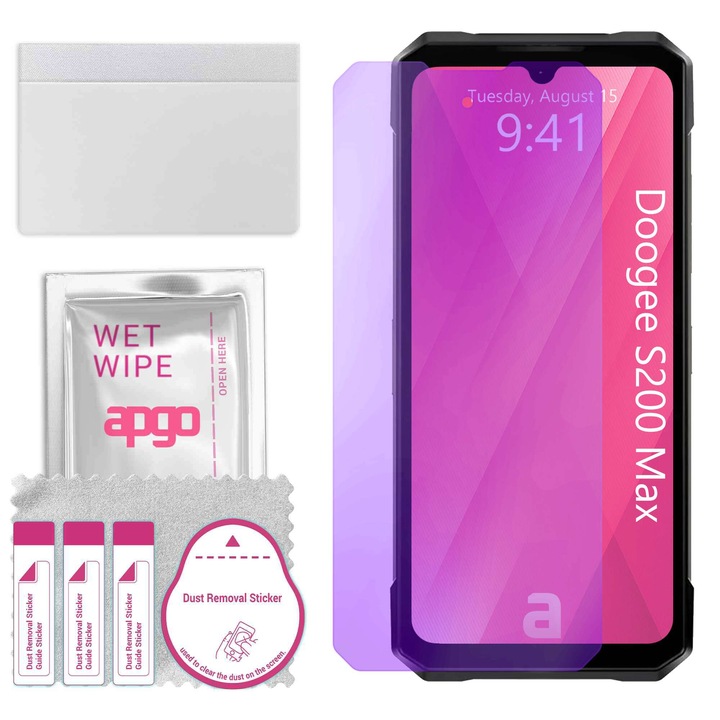 Защитно стъкло ANTI-BLUE apgo за Doogee S200 Max – хибридно стъкло, подсилено за дисплей, гланцово, про гъвкаво хибридно стъкло, 9H, пълно залепване