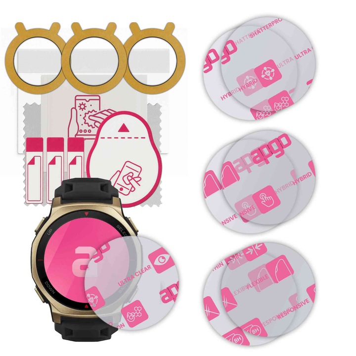 Set de 6 sticle de protectie pentru ceas Amazfit T-Rex 3 Pro 44mm – apgo, full glue, sticla hibrida, lucioasa, protectie pentru afisajul ceasului, anti-zgarieturi
