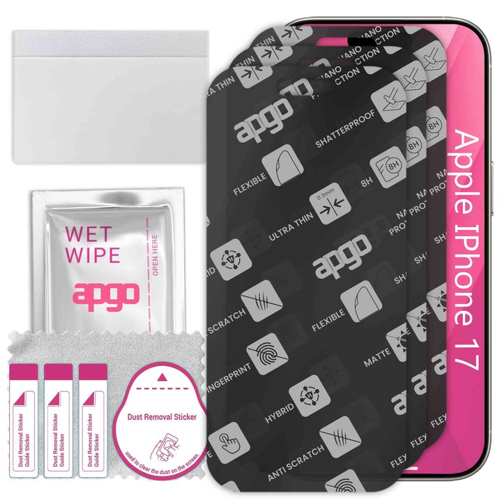 3x apgo MATTE sticla de protectie hibrida compatibila cu Apple iPhone 17, sticla nano flexibila, inlocuire excellenta pentru sticla temperata