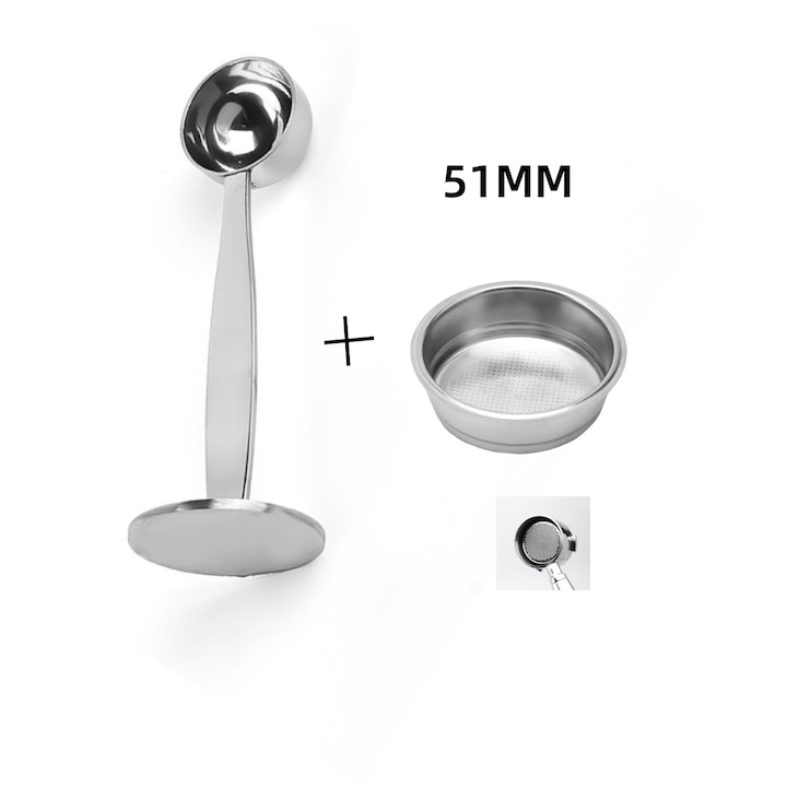 Lingura cafea 2n1, Tamper, 15ml, Filtru cafea reutilizabil, inox, compatibil cu espressoare, 51MM, Argintiu