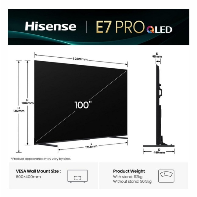Televizor Hisense, 100'' E7Q PRO, QLED Smart, FALD, 144Hz, 5000:1, Quantum Dot, Dolby Vision, Vidaa, ADS, Negru 100E7Q_PRO