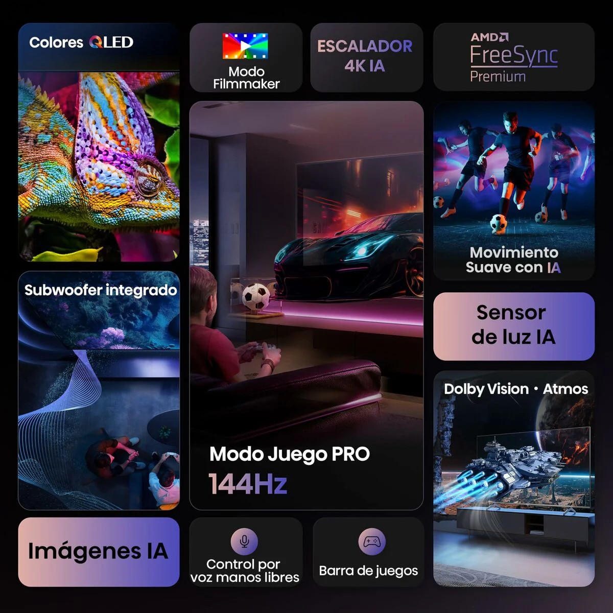 Televizor Hisense, 100'' E7Q PRO, QLED Smart, FALD, 144Hz, 5000:1, Quantum Dot, Dolby Vision, Vidaa, ADS, Negru 100E7Q_PRO