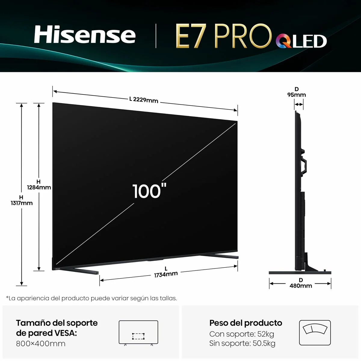 Televizor Hisense, 100'' E7Q PRO, QLED Smart, FALD, 144Hz, 5000:1, Quantum Dot, Dolby Vision, Vidaa, ADS, Negru 100E7Q_PRO