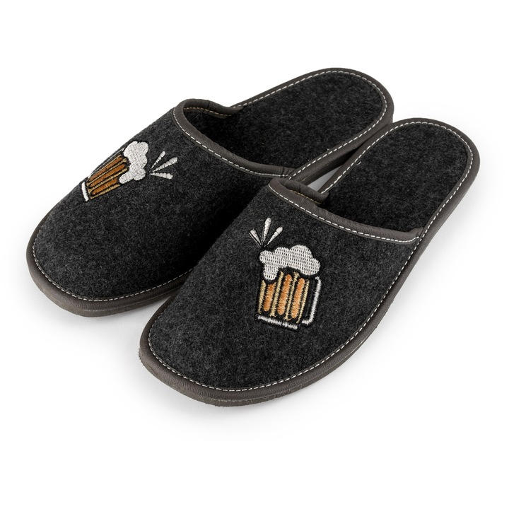 Мъжки домашни чехли, сиво жълто, филц, размер 40 EU, забавен дизайн с бродерия