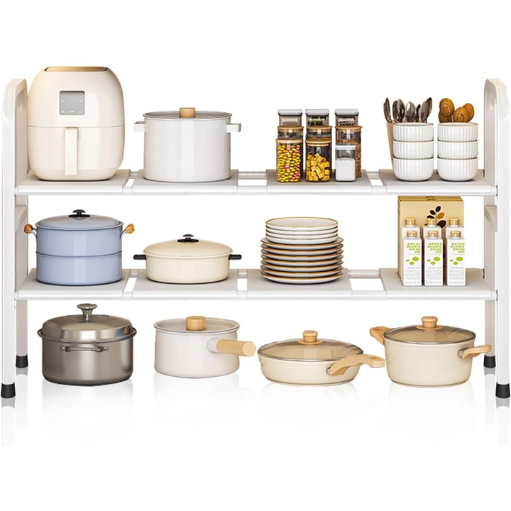 Raft organizator extensibil cu 2 rafturi Simply Joy®, Organizator de raft pentru inaltime/lungime extensibila cu 8 panouri detasabile, pentru casa, bucatarie, sub chiuveta, baie, dulap pantofi, balcon, Suport pentru depozitare, Otel inoxidabil, Alb