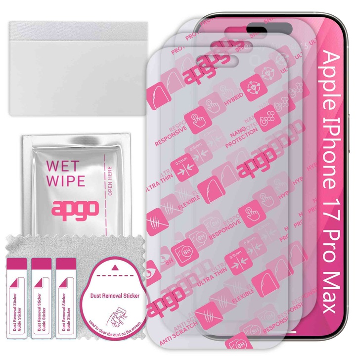 3x apgo Ultra-Clear Hybrid sticla protectoare compatibila cu Apple iPhone 17 Pro Max, sticla nano flexibila, inlocuire excelenta pentru sticla temperata