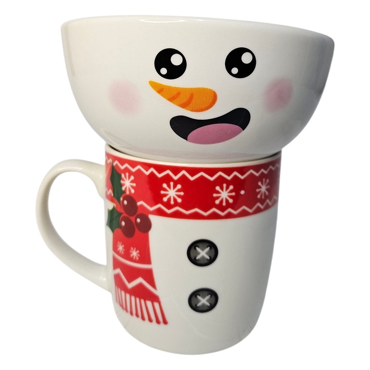 Kerámia bögre és tál szett, figaro, karácsonyi motívum, hóember, 8x8cm, 12x4.5cm