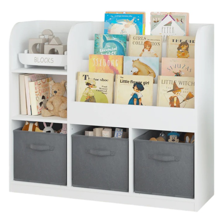 Детски Органайзер GINGER HOME, Етажерка, Рафтове за Играчки, Книги, 3 Текстилни Кутии, Дървен, Бял, 92x30x80 см, Монтесори