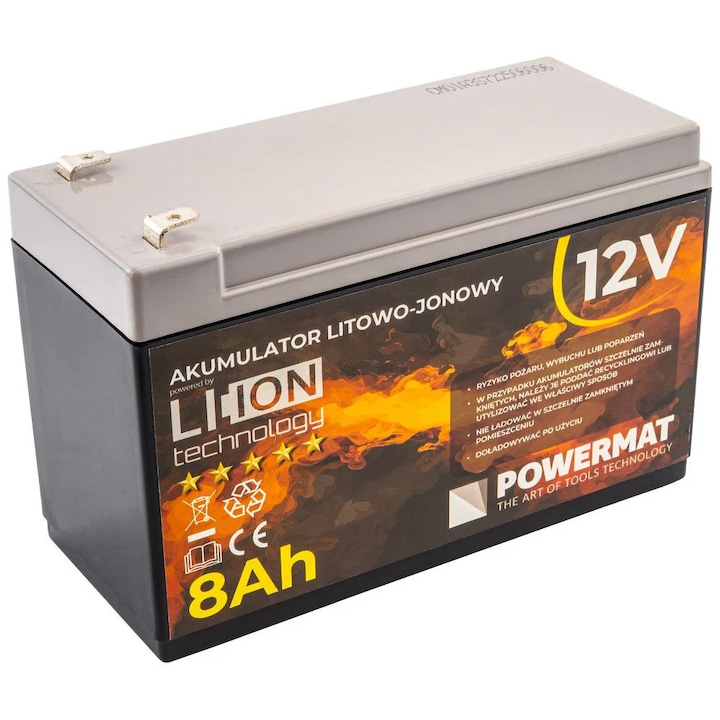 Acumulator Li-Ion Powermat, 12V, 8Ah, incarcare rapida, greutate 700g