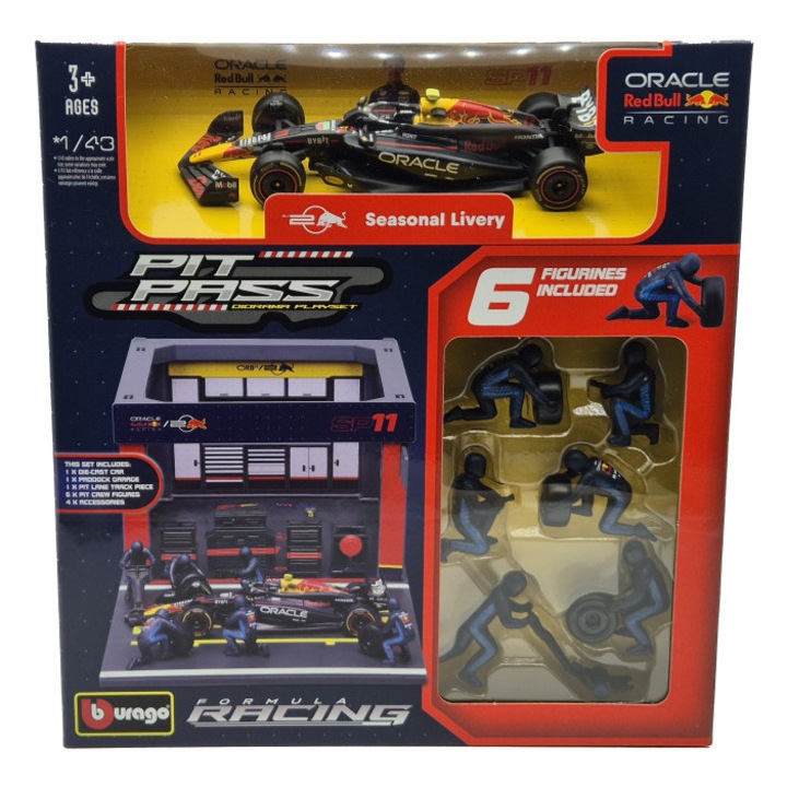 Red Bull Pit Stop - boxutca diorama szett - RB20 F1 #11 (2023) - Sergio Perez - szerelőkkel - Bburago - 1:43