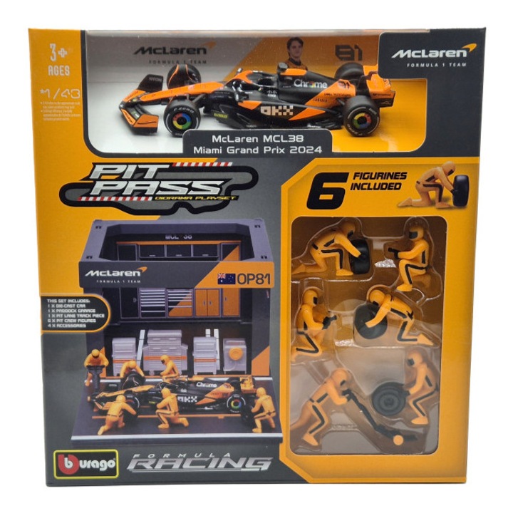 McLaren Pit Stop - boxutca diorama szett - MCL38 F1 #81 (2024) - Oscar Piastri - szerelőkkel - Bburago - 1:43