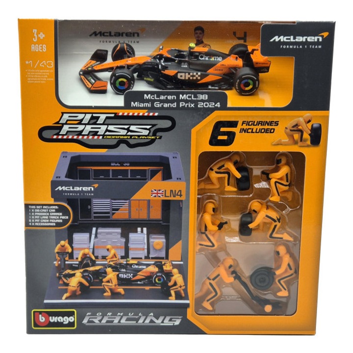 McLaren Pit Stop - boxutca diorama szett - MCL38 F1 #4 (2024) - Lando Norris - szerelőkkel - Bburago - 1:43