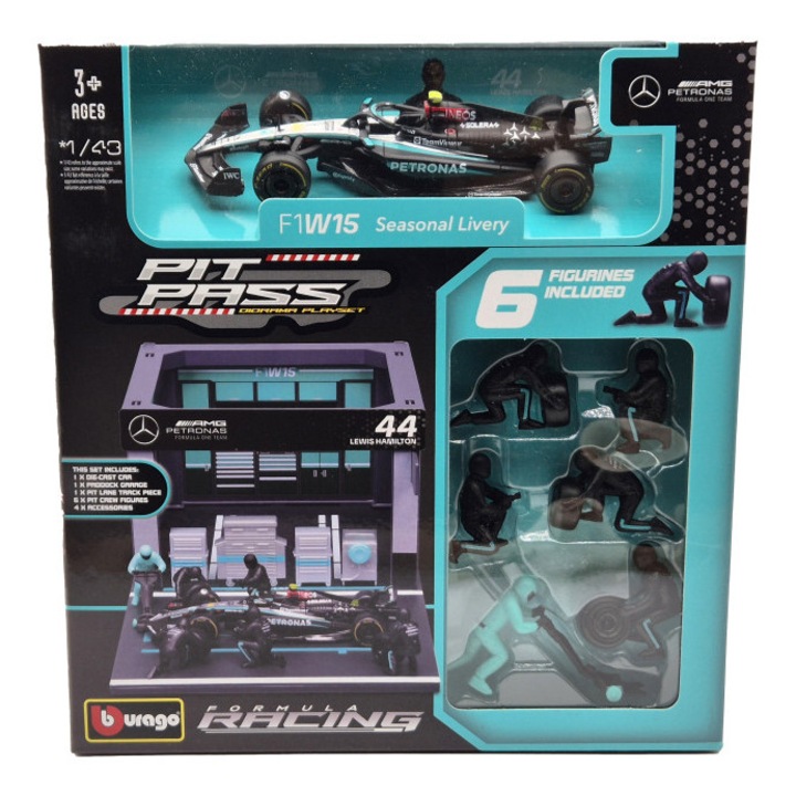 Mercedes Pit Stop - boxutca diorama szett - W14 EQ Performance F1 #44 (2023) - Lewis Hamilton - szerelőkkel - Bburago - 1:43
