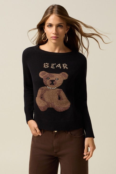 OLTRE, Pulover din amestec de lana cu model ursulet, Negru/Maro, M