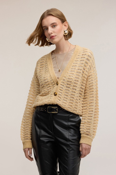 MOTIVI, Cardigan cu decolteu in V si perforatii, Galben pai, M