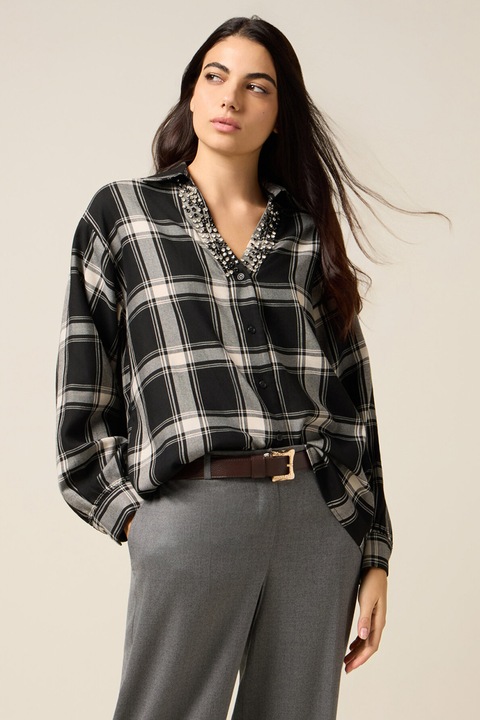 OLTRE, Camsa cu strasuri si model in carouri, Alb/Negru stins, XL