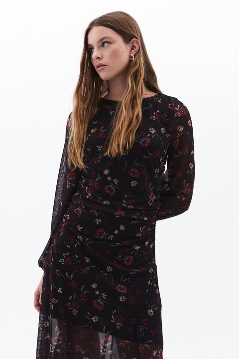 OXXO, Rochie midi cu model floral si detaliu drapat, Visiniu/Negru