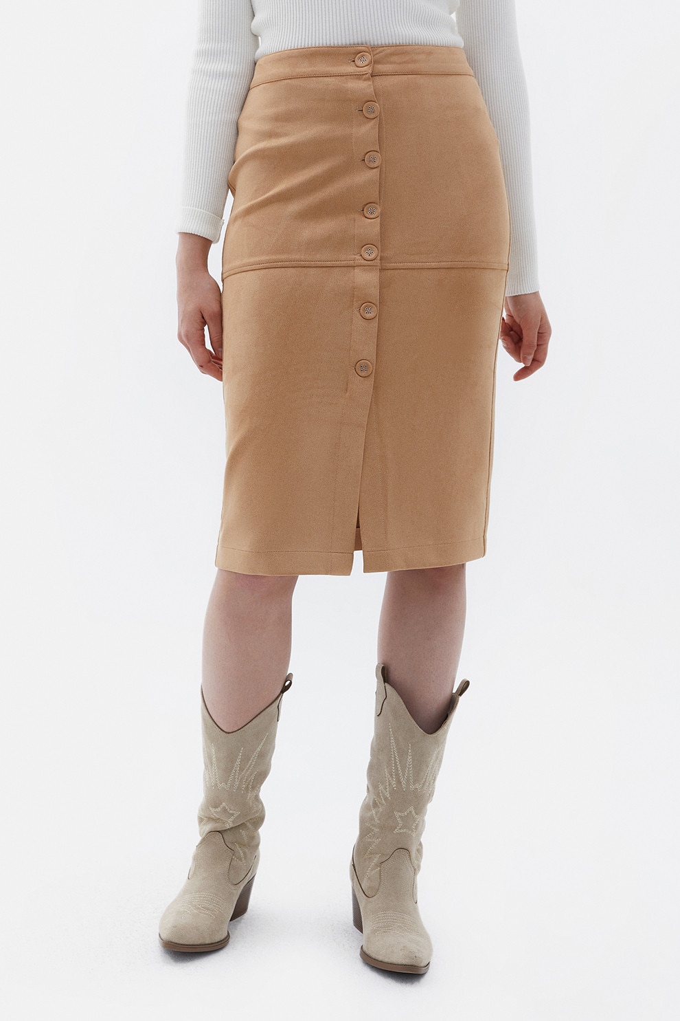 OXXO, Fusta midi cu nasturi si slit frontal, Camel, L