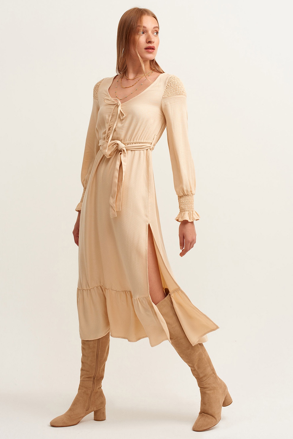 OXXO, Rochie midi cu slituri laterale, Bej inchis, M
