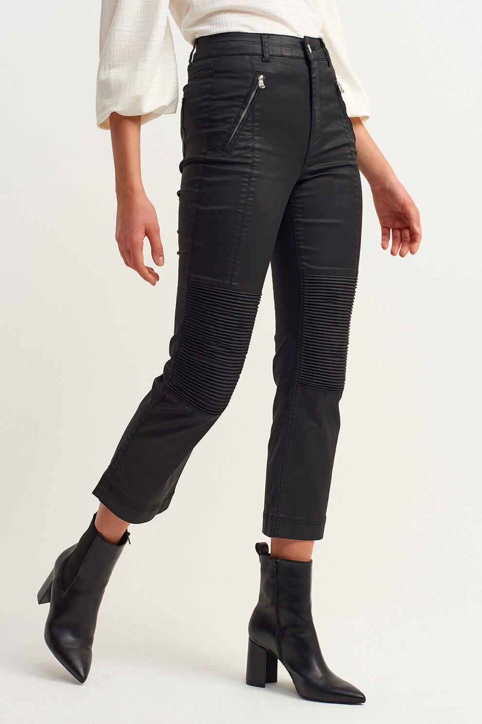 OXXO, Pantaloni crop cu talie inalta, Negru stins, L