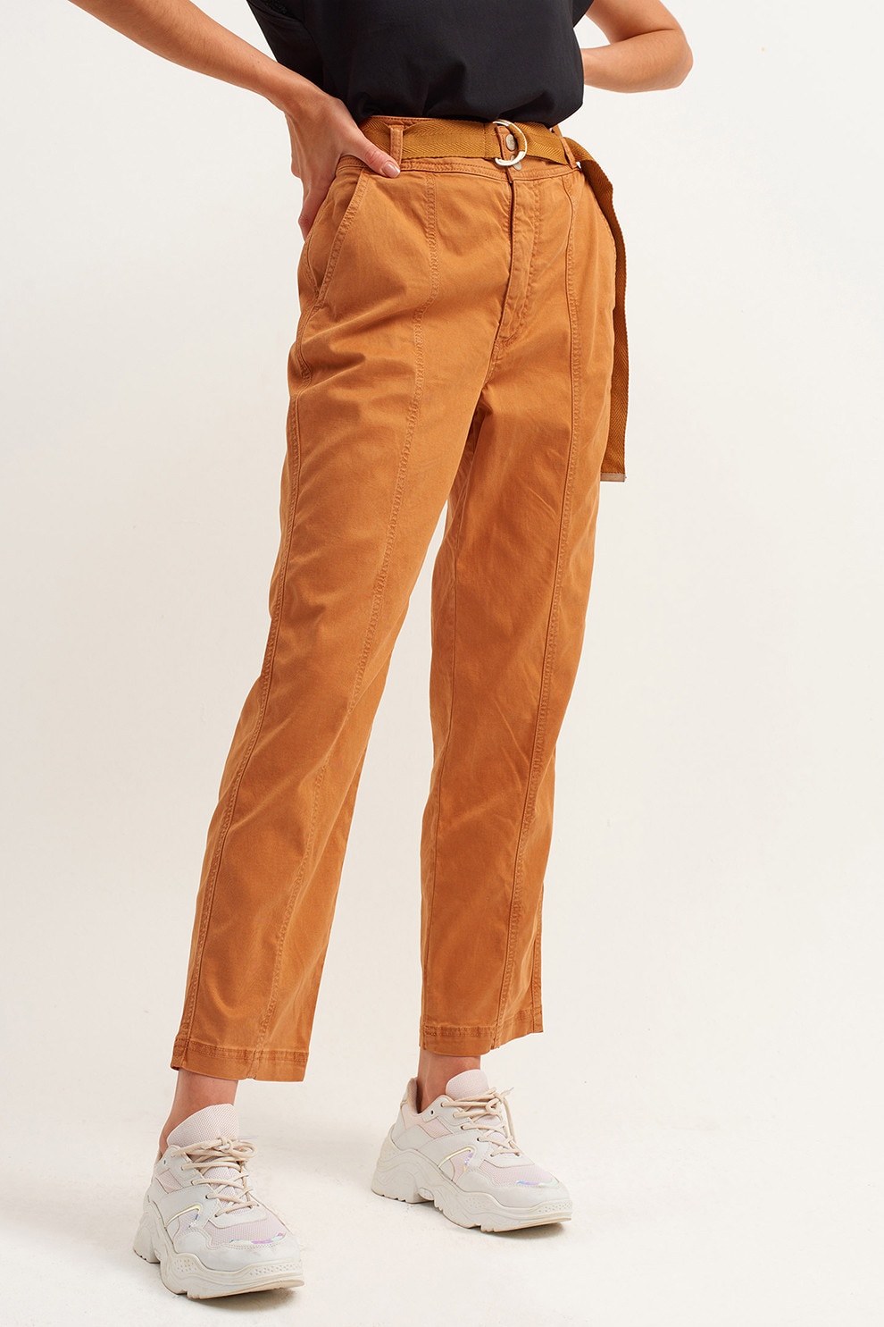OXXO, Pantaloni din amestec de lyocell cu curea, Portocaliu mandarina, L