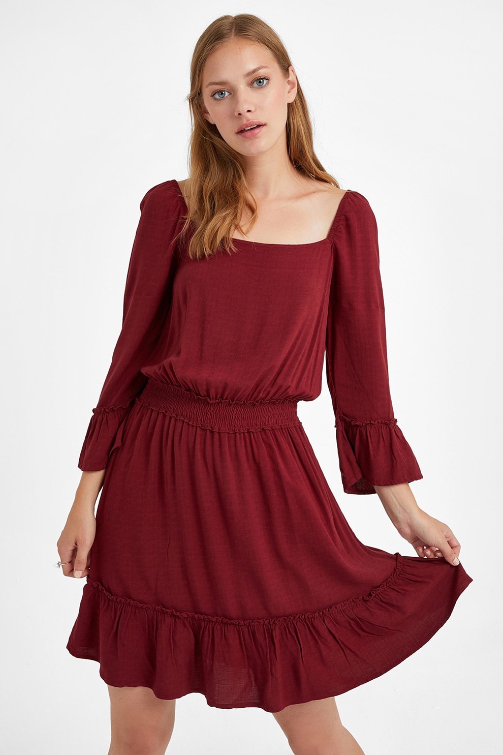 OXXO, Rochie midi cu croiala in A si maneci trei sferturi, Visiniu, L