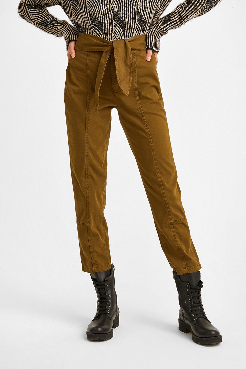 OXXO, Pantaloni crop cu croiala dreapta si cordon in talie, Caramel, 28
