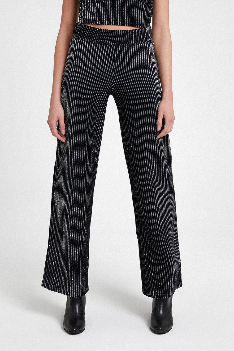 OXXO, Pantaloni relaxed fit cu model in dungi si talie inalta, Negru, Argintiu, M