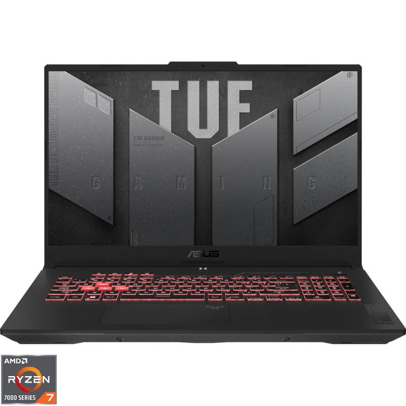 Laptop Gaming ASUS TUF A17 FA707NUG cu procesor AMD Ryzen™ 7 7445HS pana la 4.7GHz, 17.3'', Full HD, 144Hz, IPS, 48 GB DDR5, 1 TB SSD, NVIDIA® GeForce RTX™ 4050 6GB GDDR6, No OS, Mecha