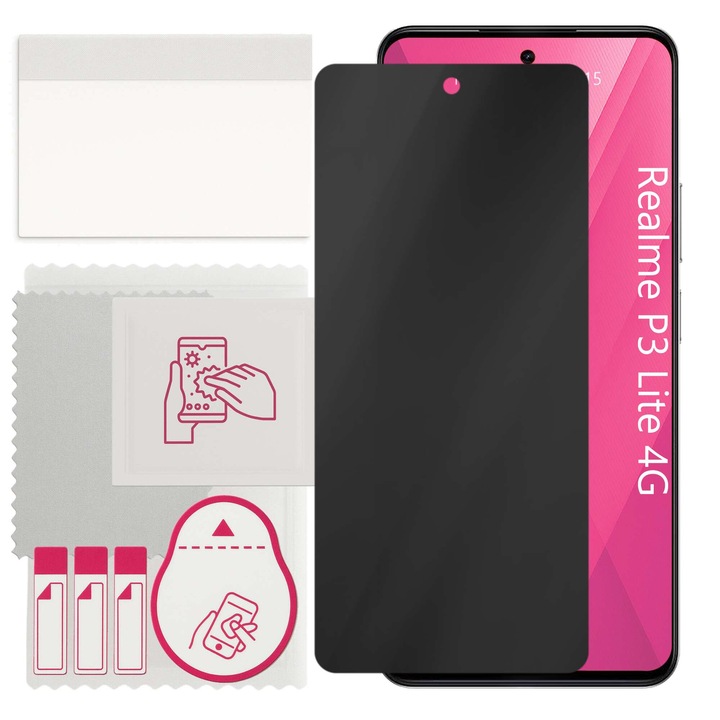 Защитно стъкло PRIVACY apgo за Realme P3 Lite 4G – хибридно стъкло, цяло лепило, гъвкаво стъкло