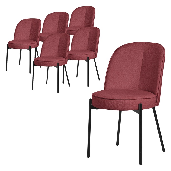 6x Scaune rotunde de sufragerie ML-Design tapitat culoare rosii, picioare din metal, spatar, design modern-atemporal, mobilier ergonomic elegant si versatil pentru bucatarie si living