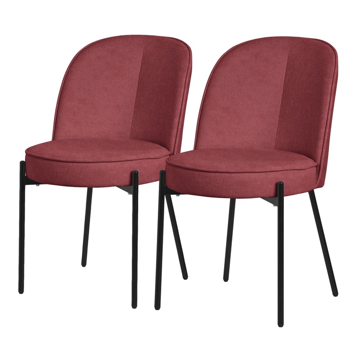 2x Scaune rotunde de sufragerie ML-Design tapitat culoare rosii, picioare din metal, spatar, design modern-atemporal, mobilier ergonomic elegant si versatil pentru bucatarie si living