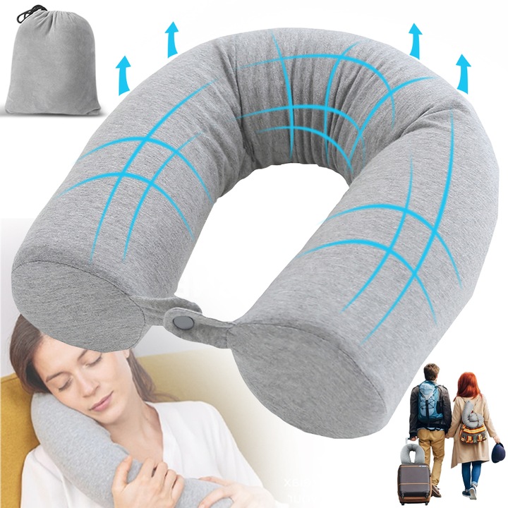 Perna de Calatorie Pentru Gat, Viboren, Din Spuma cu Memorie, Suport Ceafa, cu Geanta de Depozitare, Accesoriu de voiaj pentru drumuri lungi, pentru Avion, Masina si Tren, 68x10cm, Gri