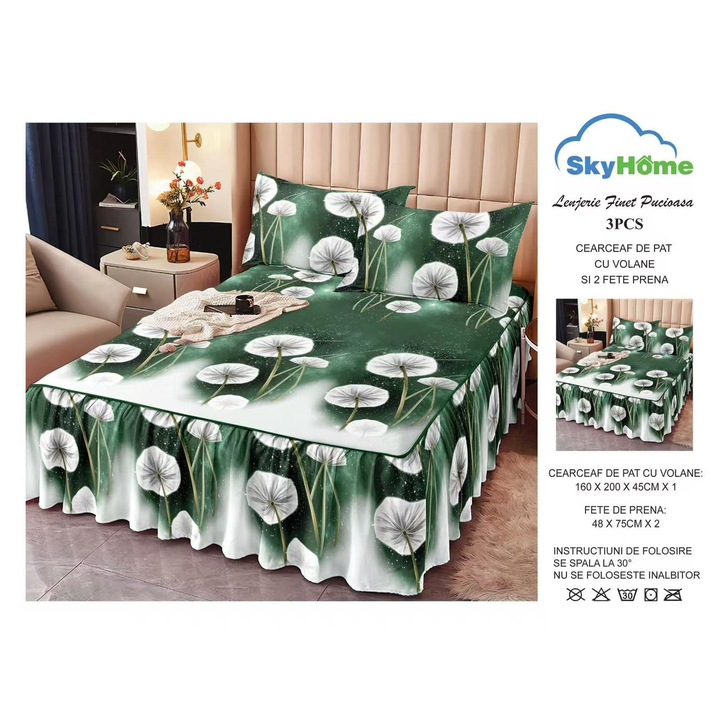 Set Lenjerie de Pat din Bumbac Premium tip Finet cu Volanase, 3 Piese, 160x200cm, pentru Pat Dublu, cu 2 Fete de Perna, Culoare Verde