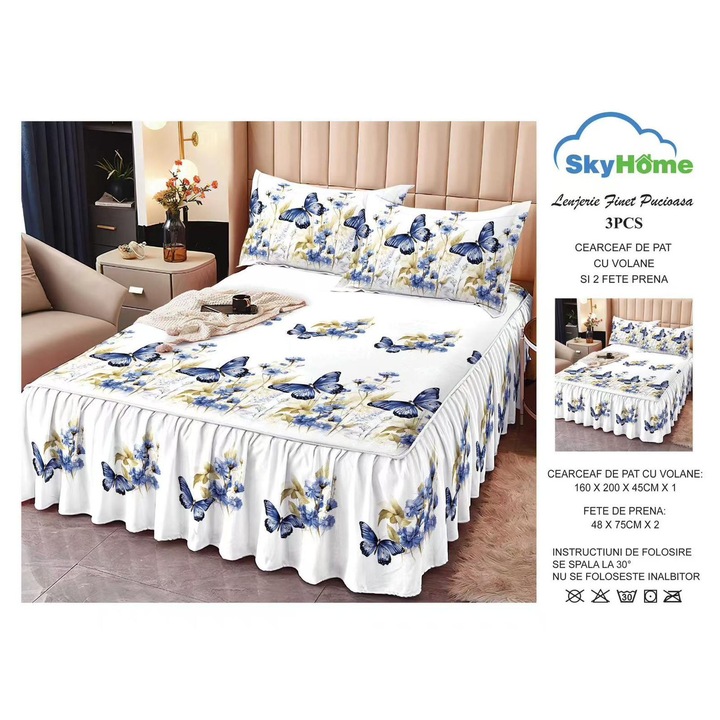 Set Lenjerie de Pat, Sky Home, Bumbac Finet cu Volanase, Alb, 160x200cm, 3 Piese, cu 2 Fete de Pernă