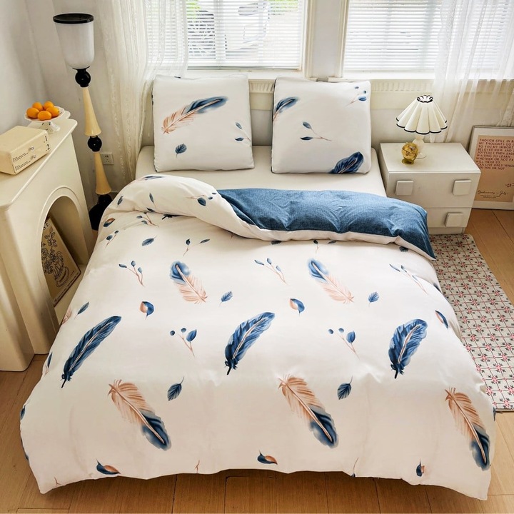 Set lenjerie de pat, Gierekhoff, 160x200 cm, bumbac, alb/albastru, design cu pene