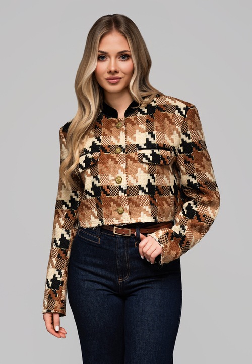 Sacou cu guler scurt din amestec de lana LARICA OW-BLZB-0103, Maro camel