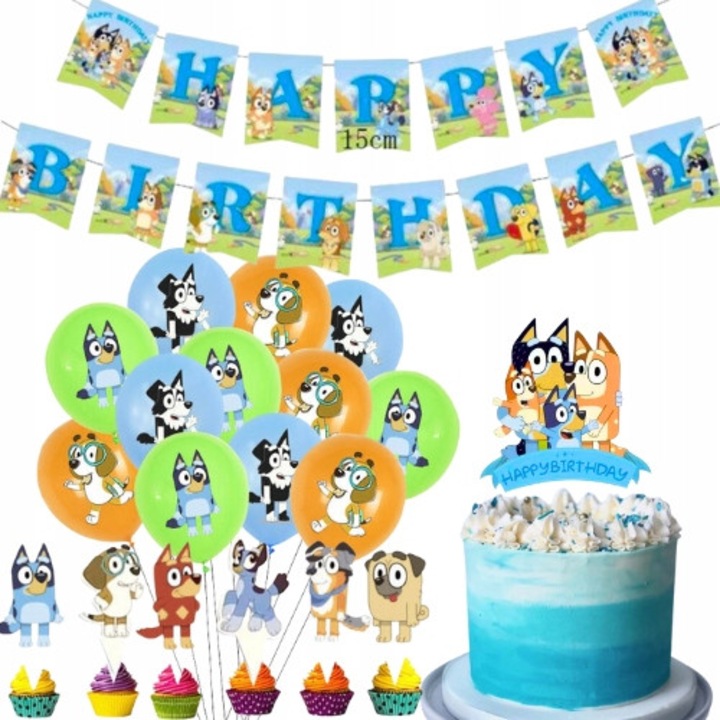 Bluey Születésnapi Parti Készlet Tortafeltét Lufik Boldog Születésnapot Felirattal
