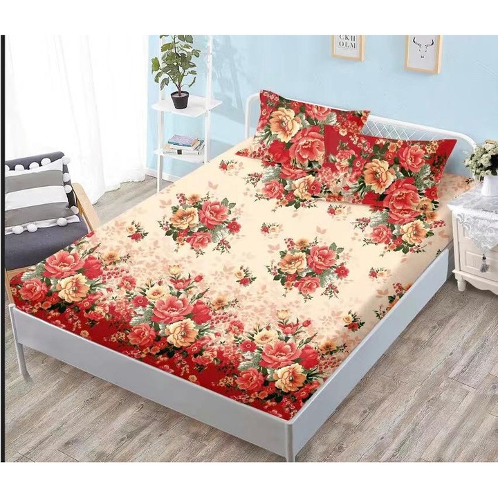 Set Lenjerie de Pat 3 Piese din Finet Premium, Cearceaf de Pat cu Elastic 180x200cm, cu 2 Fete de Perna, pentru Pat Dublu, Culoare Portocaliu