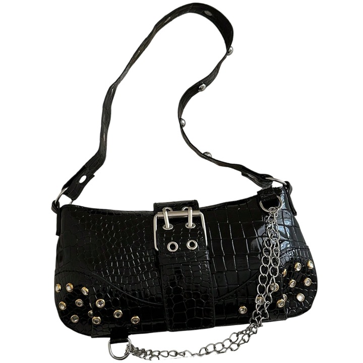 Női válltáska, fekete, PU bőr, 26x16cm