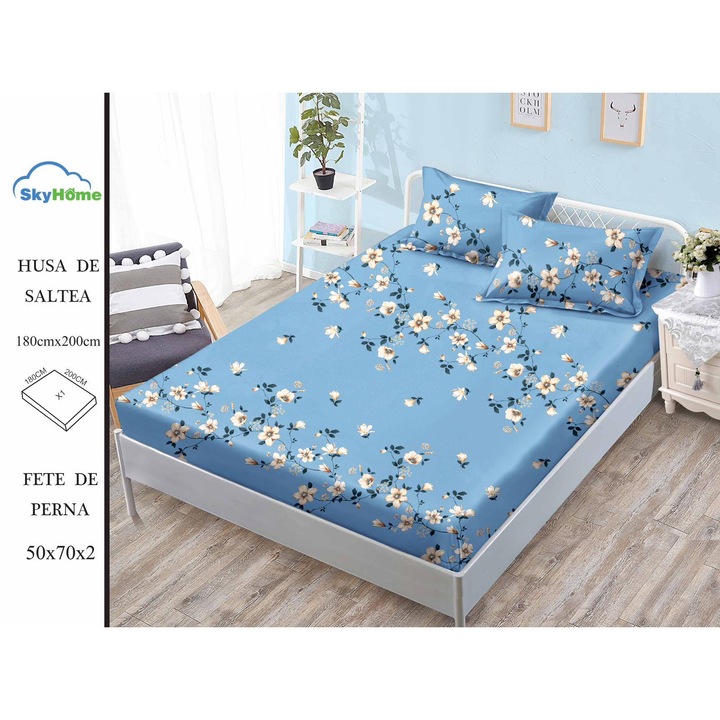 Set Lenjerie de Pat 3 Piese din Finet Premium, Cearceaf de Pat cu Elastic 180x200cm, cu 2 Fete de Perna, pentru Pat Dublu, Culoare Albastru