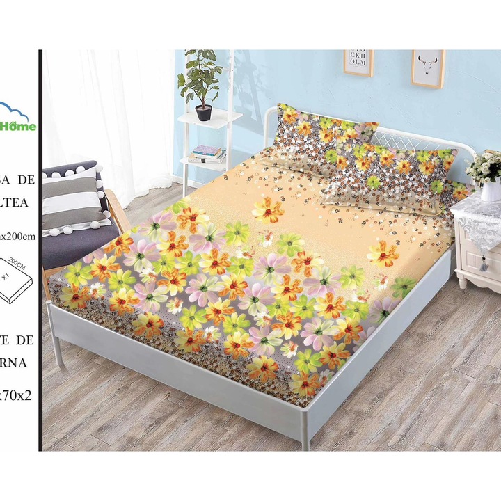 Set Lenjerie de Pat 3 Piese din Finet Premium, Cearceaf de Pat cu Elastic 180x200cm, cu 2 Fete de Perna, pentru Pat Dublu, Culoare Galben