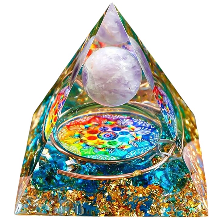 Orgon energiapiramis, természetes ametiszt kristálygömb, 5cm