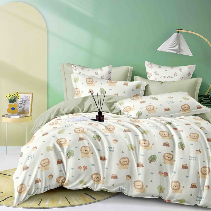 Lenjerie de pat set 1 persoana, finet, crem si verde, 155x230cm, 4 piese, cu pui de leu