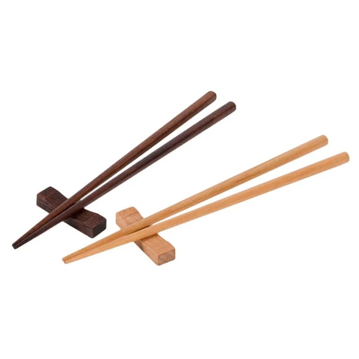 Комплект от 2 комплекта азиатски пръчици, FONIX, от естествено дърво със стойка, за многократна употреба и екологични, подходящи за сервиране на азиатска храна, естествен, кафяв
