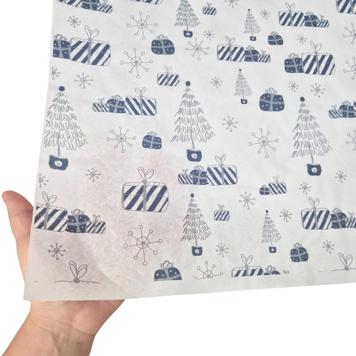 Set 50 bucati Hartie de matase model Craciun Blue Snow Glow, 28g, 75 x 50cm