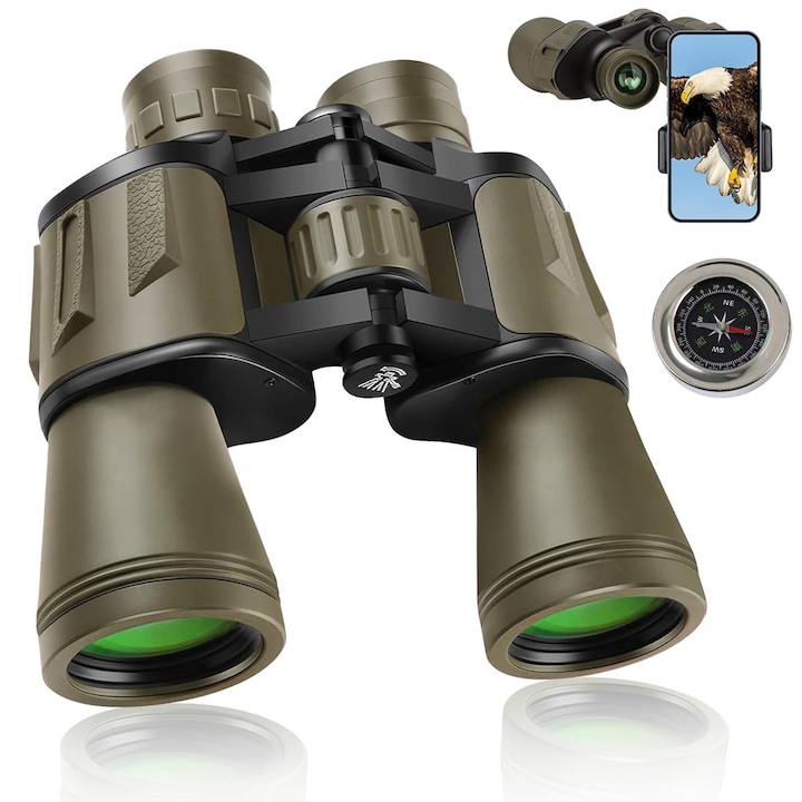Baowor® Бинокъл с висока мощност 20x50 Премиум лещи Призма BAK4 Очни маски Висока мощност на фокусиране Водоустойчив за възрастни и деца Висока мощност на фокусиране за наблюдение на птици Лов Пътуване Туризъм Зелен