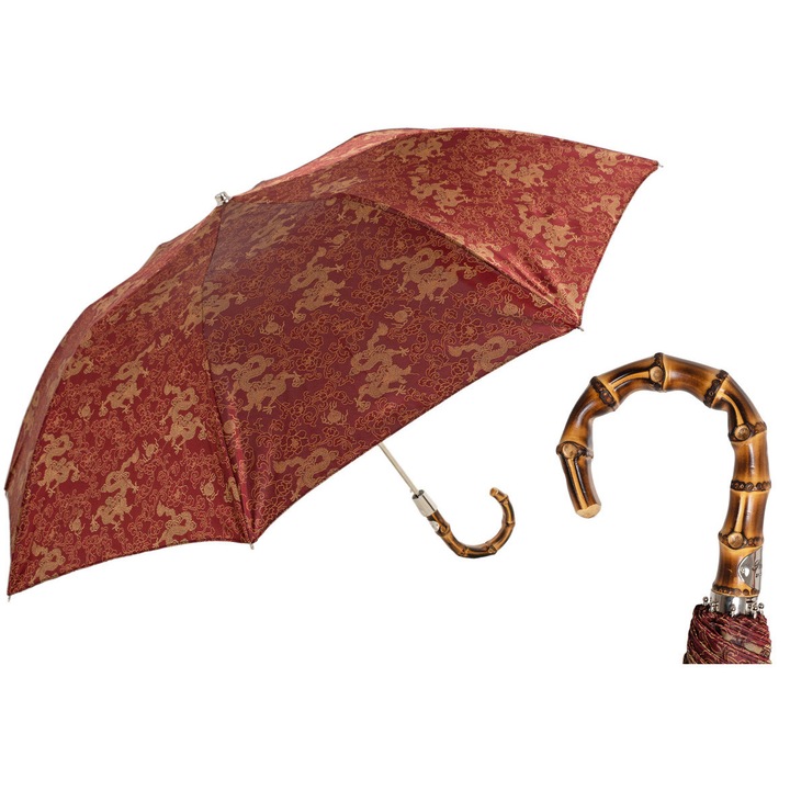 Umbrela pliabila Draghi Rosso, Pasotti, imprimeu dragon, maner din bambus, 50x100cm